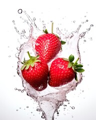 strawberries falling into a splash of water isolated from its background