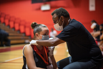 Inside a school gymnasium, a healthcare worker vaccinates a teacher, underlining the pivotal role of educators in the vaccination campaign to protect students and the community. 