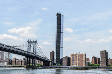 New York City, USA - May 12, 2023: urban city architecture. Crossing east river. manhattan bridge in new york. architecture of historic bridge in manhatta