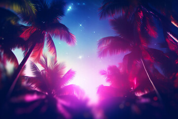Fototapeta na wymiar A tropical scene with palm trees silhouetted against a starry night sky with a gradient of pink, purple, and blue with stars scattered throughout. Dreamlike quality with a soft glow and blurred edges.