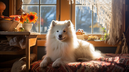 a Samoyed dog reclines majestically upon a worn, handwoven rug