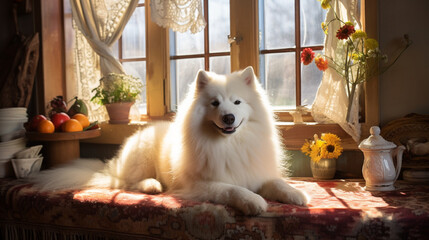 a Samoyed dog reclines majestically upon a worn, handwoven rug