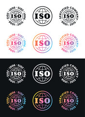 Collection of ISO 9001:2015 certification stamps of 3 types: white, black and colored. Vector, design