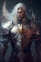 knight male long white hair powerful muscular figure dynamic posture wind detailed jeweled cristal armor dragon wings behind back boots lily roses lily bokeh on metal dark fantasy 