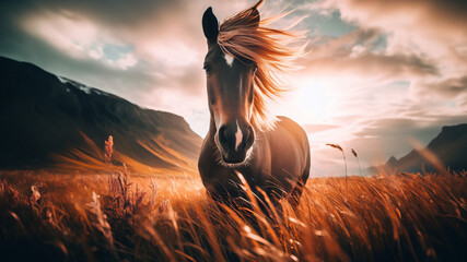 Retrato de un caballo salvaje marrón mirando a la cámara - obrazy, fototapety, plakaty