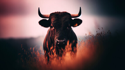 Retrato de un toro salvaje mirando a la cámara - obrazy, fototapety, plakaty
