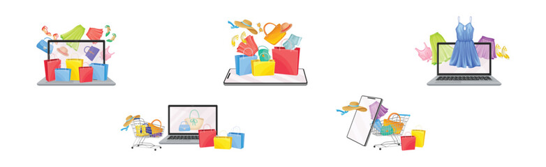 Online Shopping and Purchase with Laptop and Smartphone Screen Vector Set