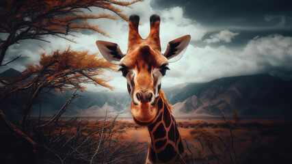 Retrato de una jirafa mirando a la cámara - obrazy, fototapety, plakaty