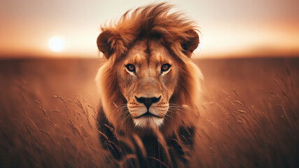 Retrato de un león mirando a la cámara - obrazy, fototapety, plakaty
