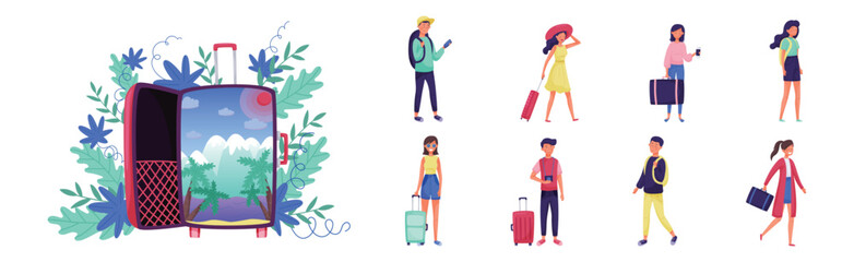 People Characters with Suitcase and Luggage Travel Vector Set