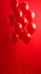 Red balloons on a red background. Valentine's Day. Copy space.