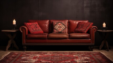 Classic interior: Enhance your vintage decor with a traditional Arabian red rug, woven with intricate motifs and timeless cultural charm.