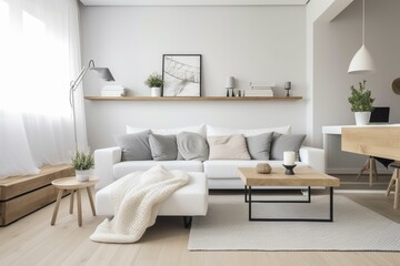 Modern living room with white sofa, wall desk, decor, accessories, lamp, books, flowers, ceramics, pouf, blanket, wood panel, home office. Generative AI