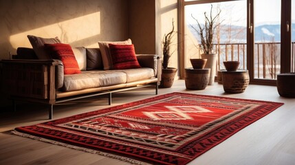 Classic interior: Enhance your vintage decor with a traditional Arabian red rug, woven with intricate motifs and timeless cultural charm.