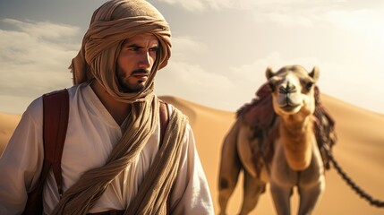 Desert explorer: A man in traditional attire embarks on a desert adventure, leading a camel across the sandy dunes, capturing the essence of Arabian cultural exploration