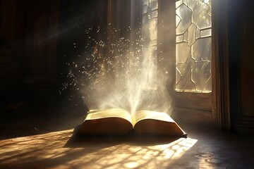 dust rises from an old ancient book in the sunlight filtering through the window