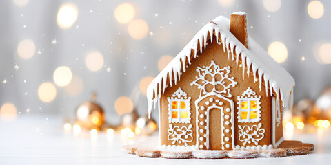 A festive christmas gingerbread house decorated with white icing