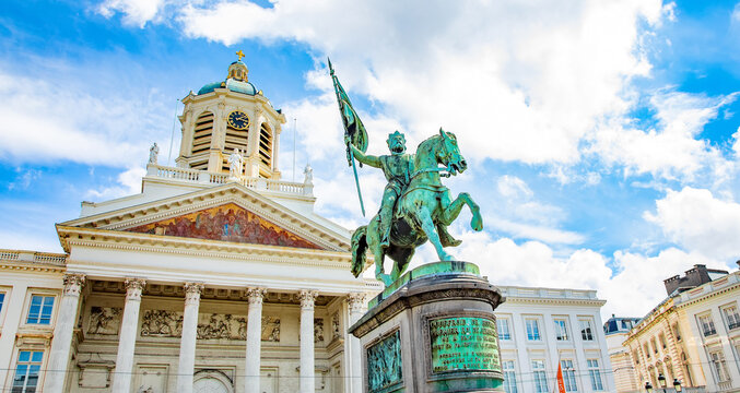 Godfrey of Bouillon statue and Church of St. James Coudenberg on Royal Square in Brussels