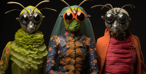 Three people dressed as insects with glasses on, AI
