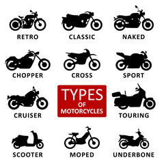 Motorcycle type and model icons set. Vector black illustration isolated on white
