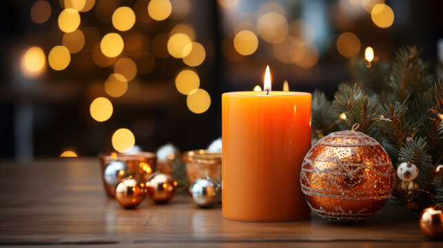 Warm Glow: Burning Orange Candle Amidst Christmas Decorations. Generative AI