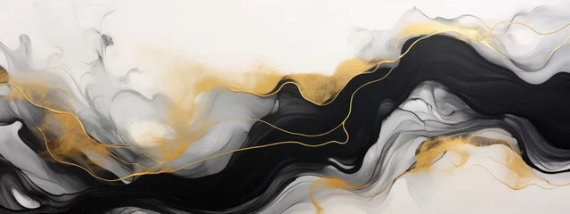 Tafelkleed Gold abstract black marble background art paint pattern ink texture watercolor white fluid wall. Abstract liquid gold design luxury wallpaper nature black brush oil modern paper splash painting water. © Максим Зайков