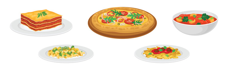 Italian Food and Traditional Dishes Served Vector Set