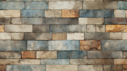 Vintage charm: An old brown and gray rusty square mosaic of patchwork motif tiles adorns the aged concrete wall, creating a shabby, retro texture for your wallpaper background