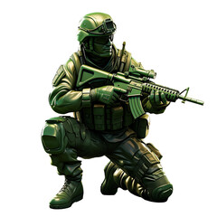Kneeling green soldier with rifle, isolated on white or transparent