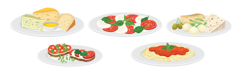 Italian Food and Traditional Dishes Served Vector Set