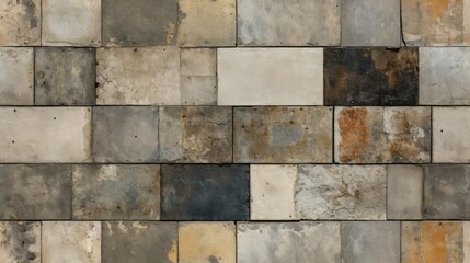 Fototapeta premium Vintage charm: An old brown and gray rusty square mosaic of patchwork motif tiles adorns the aged concrete wall, creating a shabby, retro texture for your wallpaper background