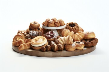 a assortment of pastries are arranged on top of a wooden board in white background