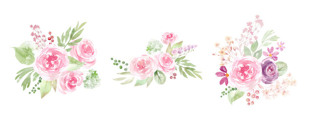 Watercolor pink rose flower and leaf bouquet, borders, wreaths, frames clipart. Dusty roses, soft light blush for poster, greeting card, birthday, wedding design. neutral watercolor floral arrangement