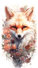 portrait watercolor drawing of a very cute little fox with flowers.