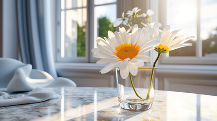 A stunning daisy in a glass cup, on marble table in front of window
