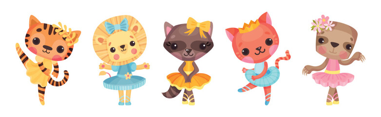 Animal Character Ballet Dancing in Tutu Skirt Vector Set