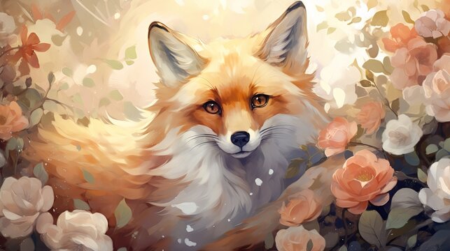 portrait watercolor drawing of a very cute little fox with flowers.