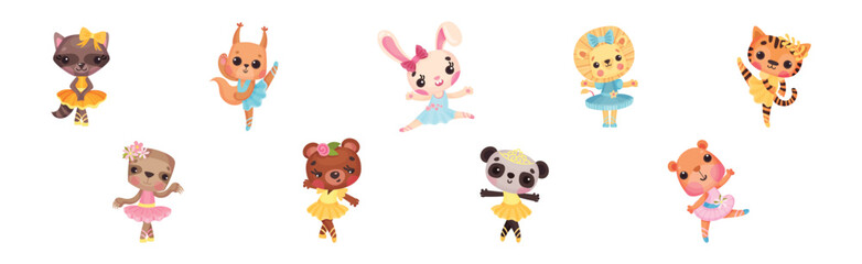 Animal Character Ballet Dancing in Tutu Skirt Vector Set