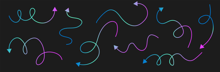Line spiral spring arrow vector illustration set. Y2k aesthetic design element. Gradient  minimalist linear  arrows.