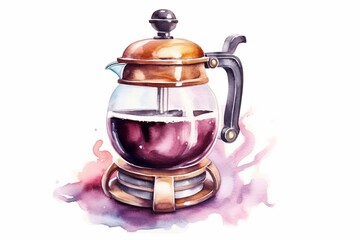 Watercolor coffee maker on white background. Watercolour food illustration. Generative AI