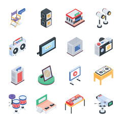 Trendy Collection of Studio Equipment Isometric Icons 

