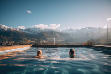An alpine resort offers a variety of activities and relaxation in pool, with stunning mountain views and snowy landscapes. - obrazy, fototapety, plakaty