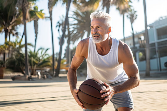 A determined senior man enjoys outdoor basketball, showcasing a healthy and active lifestyle in the city park.