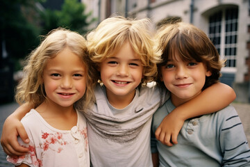 Fototapeta premium Caucasian friends boy together girls childhood summer children outdoors kids person group portrait