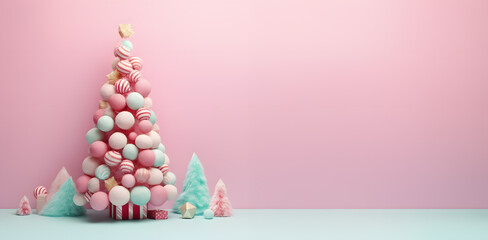 Sweet cotton candy dreamy Christmas tree in pastel Candy land. Festive Christmas and New Year holiday season creative banner. Stylish trendy idea for party decoration or invitation card.