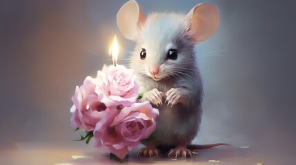 watercolor drawing of a very cute little mouse with big ears with a flower in its paws.