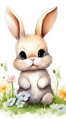 illustration watercolor drawing of a very cute rabbit or bunny with flowers in its paws on the lawn.