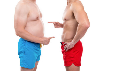 before obesity after slimming compare isolated on white, copy space. before obesity after slimming