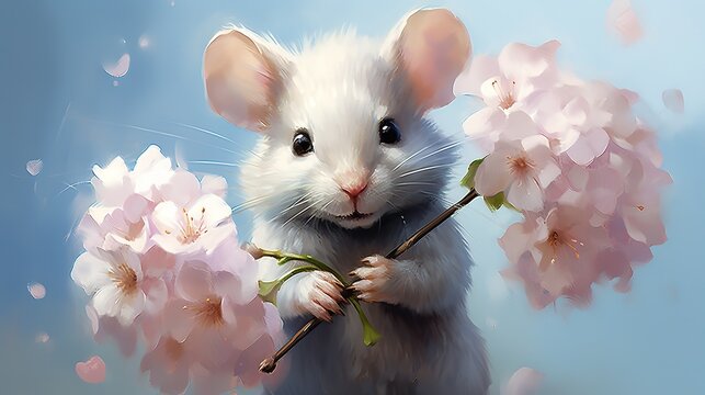 Watercolor Drawing Of A Very Cute Little Mouse With Big Ears With A Flower In Its Paws.