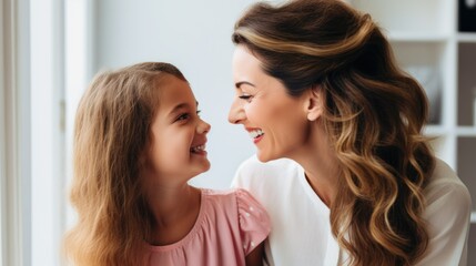 Mother and little girl looking at each other and laughing